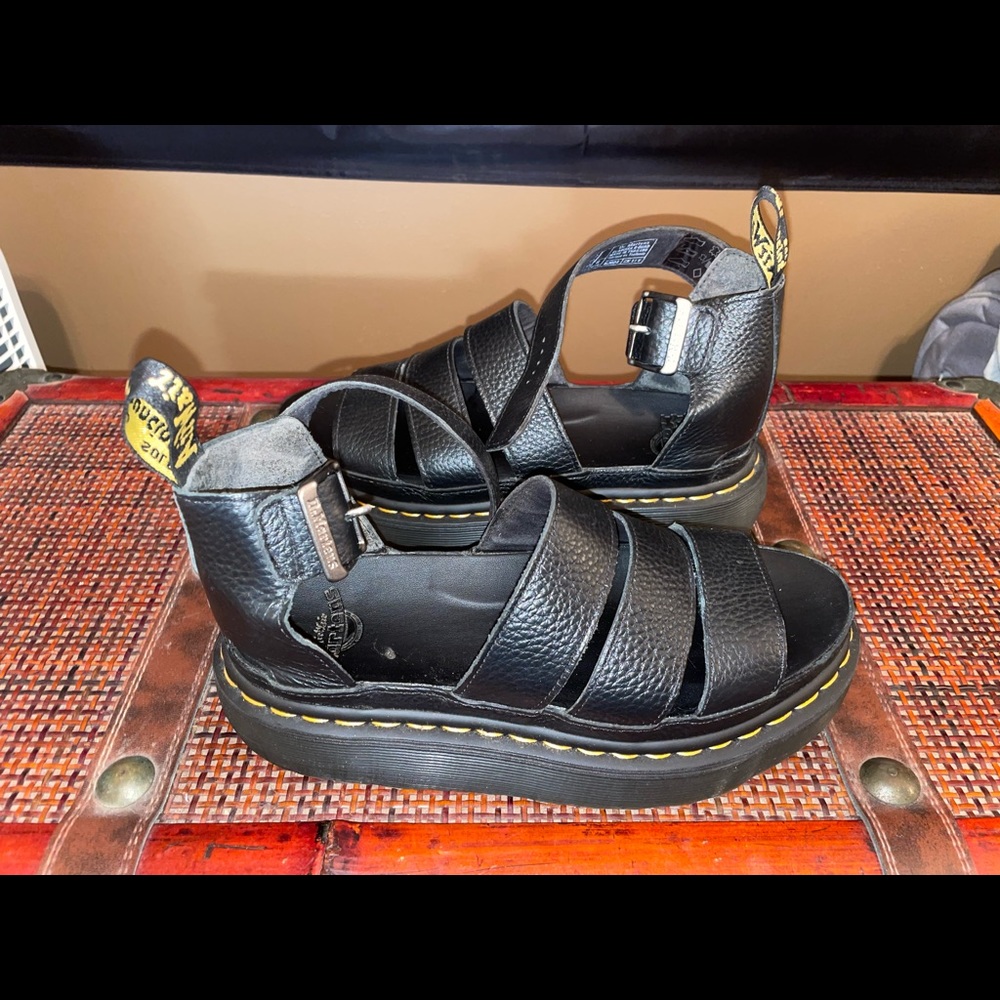 Dr. Martens Black Leather Platform Fisherman Sandals with Yellow Stitching